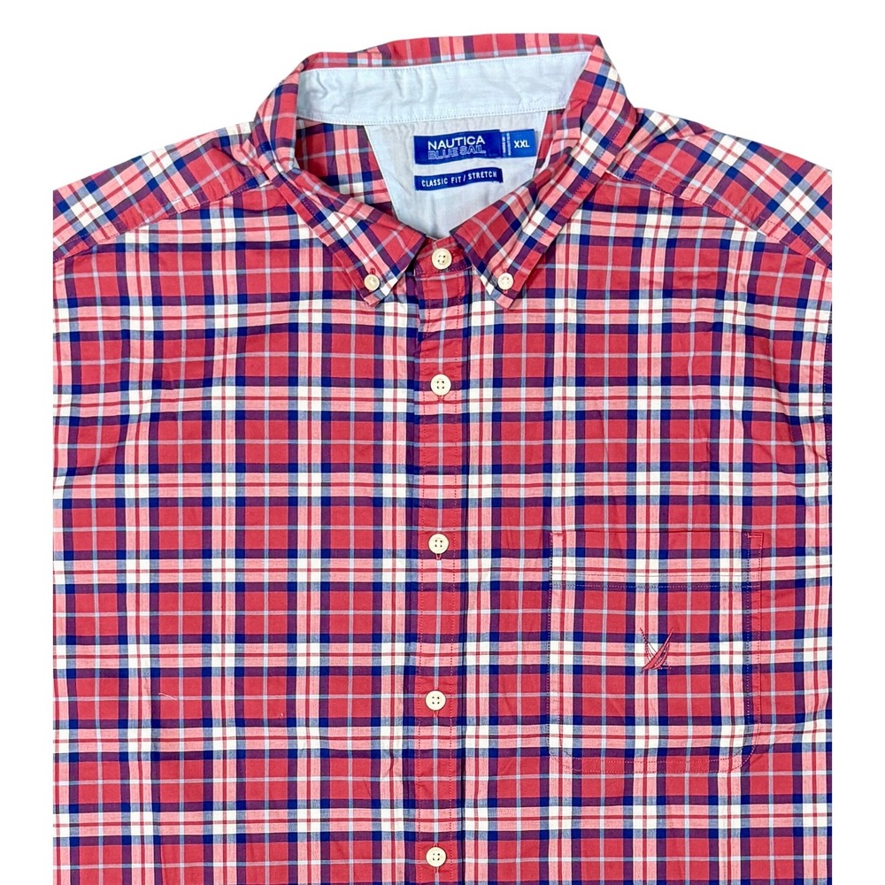 Nautica Blue Sail Mens XXL Red Blue Plaid Short Sleeve Button Down Stretch Shirt
